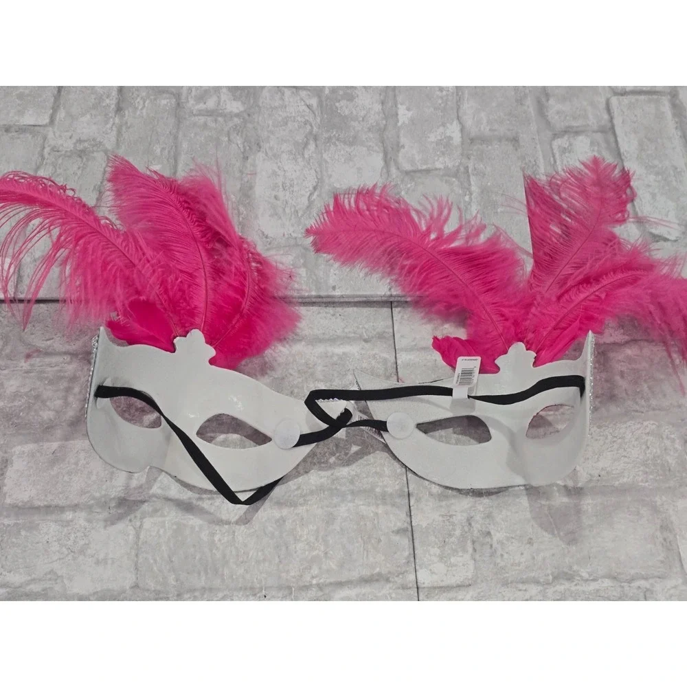 Masquerade Half Masks Black‎ Silver Pink Feathers Lot of 2 Adult NWT